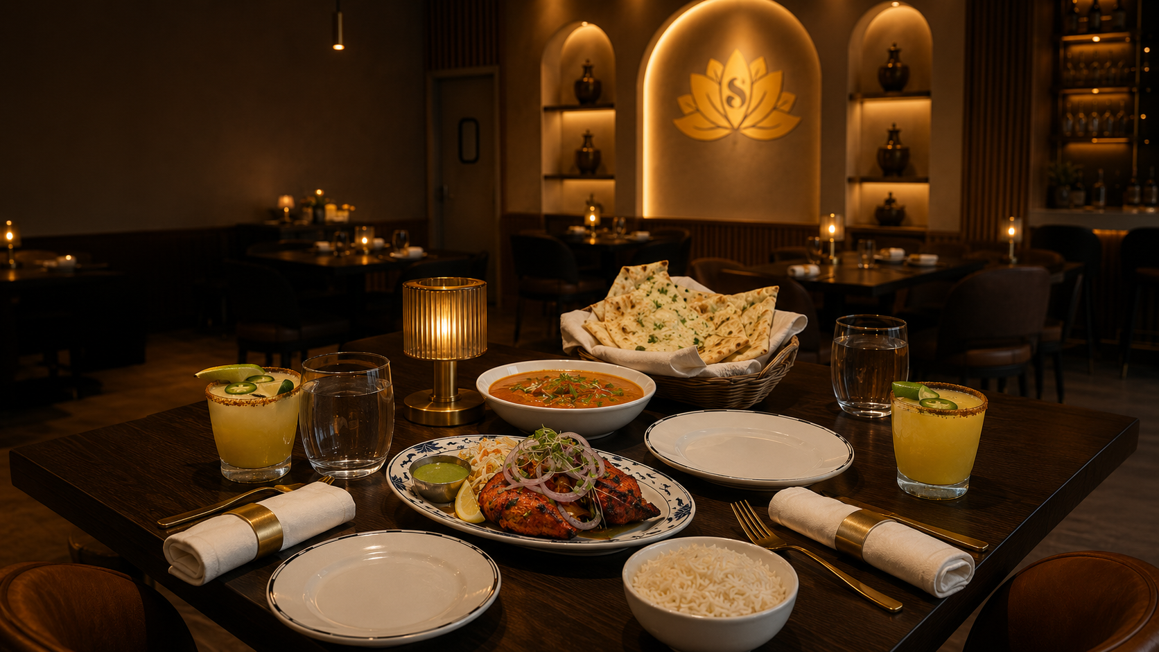 A candlelit Sundara dining room set for a full-service Indian meal