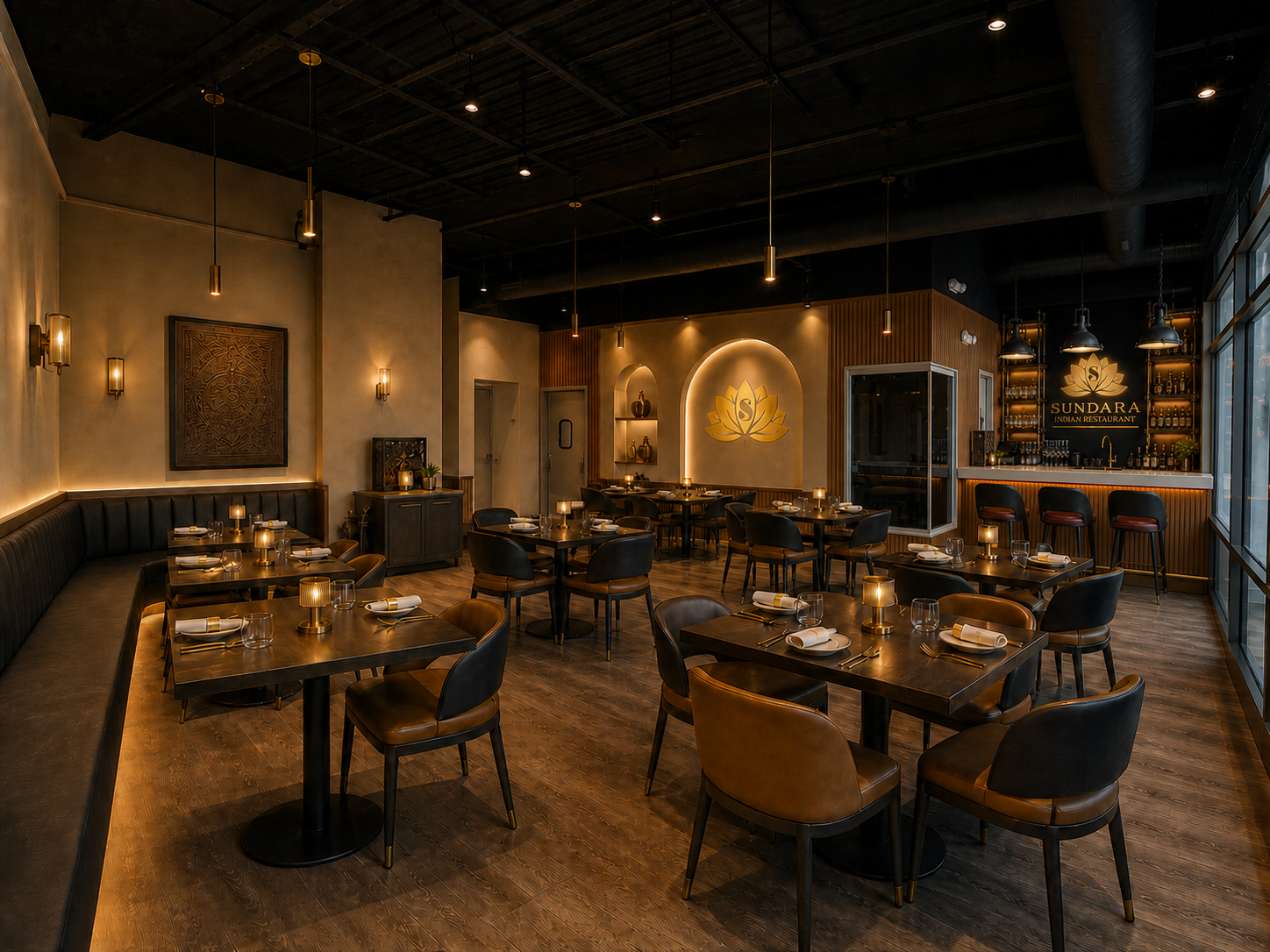 Concept rendering of the Traville dining room redesigned as a full-service Sundara restaurant with a glass corner by the bar