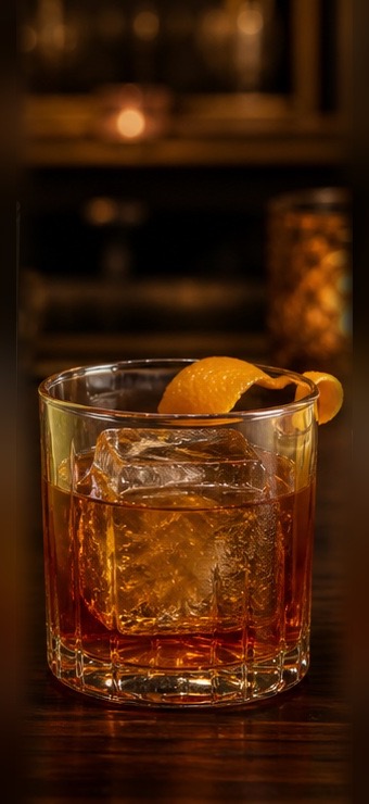 Masala Old Fashioned with an orange garnish