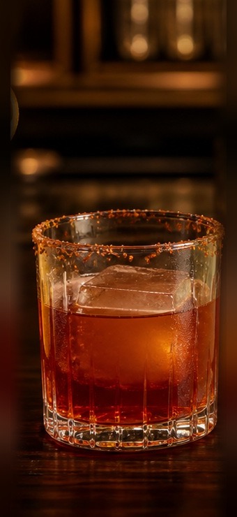 Tamarind Ember cocktail with a chili-spiced rim