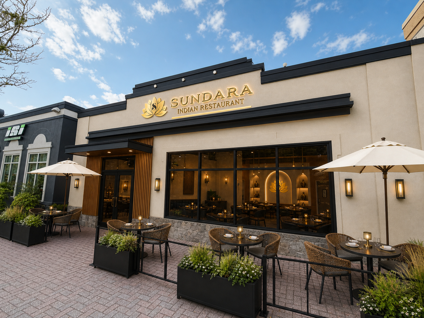 Concept rendering of the Sundara Rockville storefront with illuminated signage and patio dining